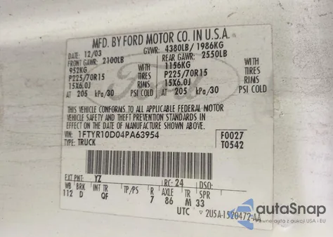 2004 Ford Ranger Xl/Xlt from USA, damaged, VIN 1FTYR10D04PA63954